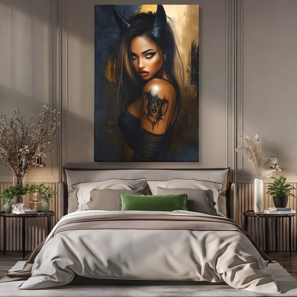 Tablou canvas cu tablou canvas cu portret de femeie demon, fara rama, pe sasiu de lemn, pe perete intr-un dormitor
